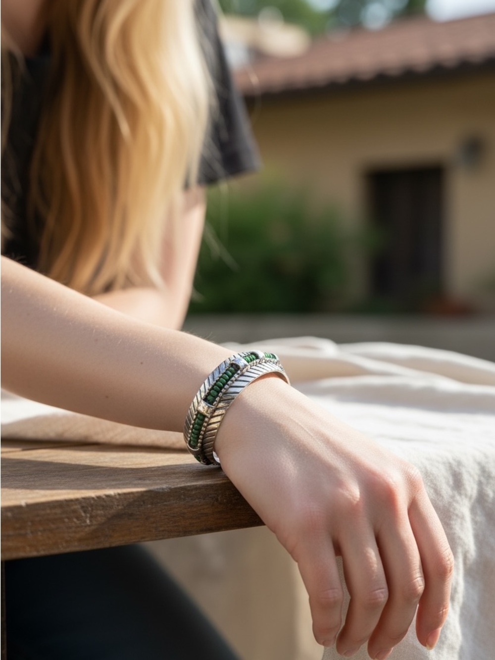 Silver and Green Beaded Cuff Bracelet